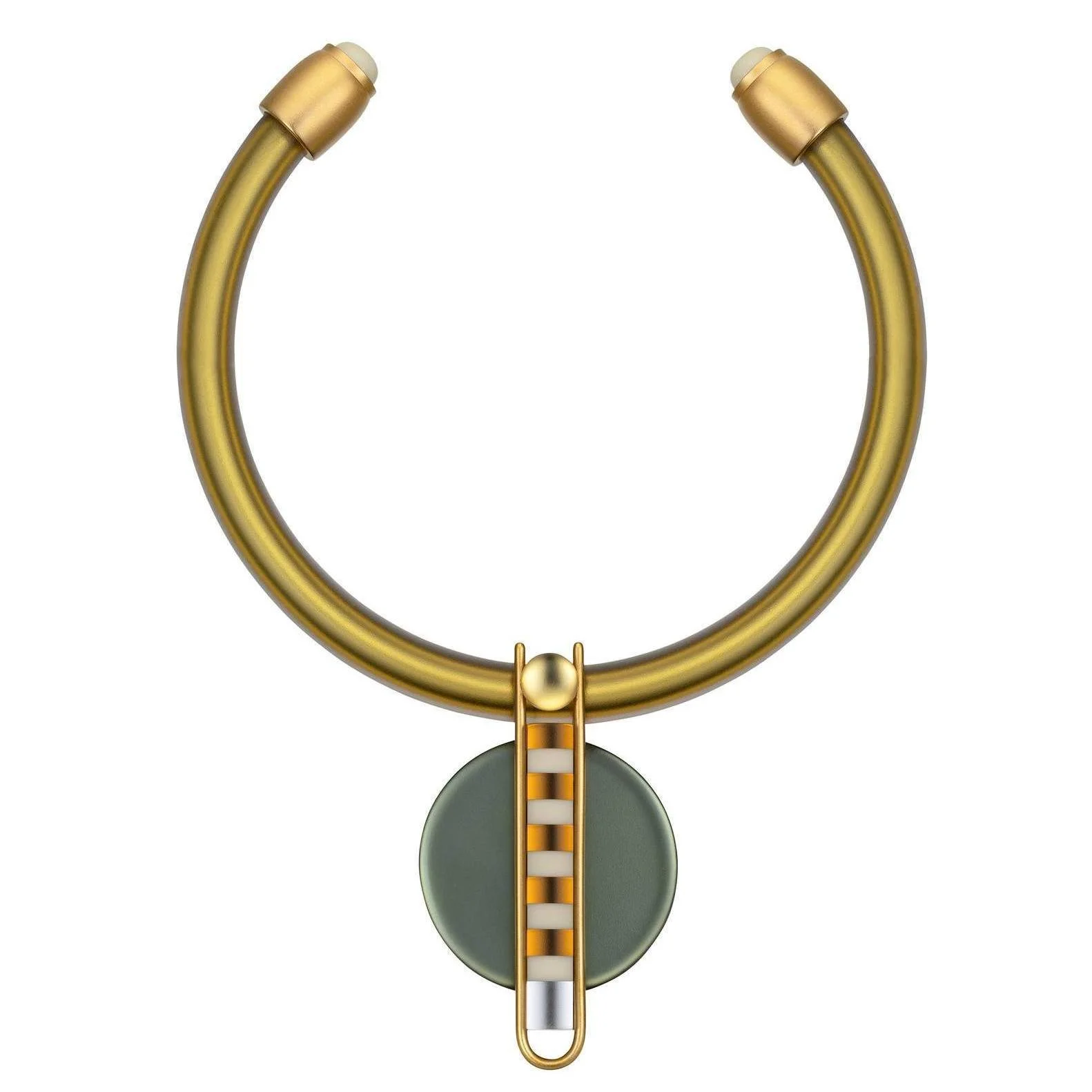 Close-up of a modern gold and gray jeweler's magnifier with a circular frame and adjustable arm.