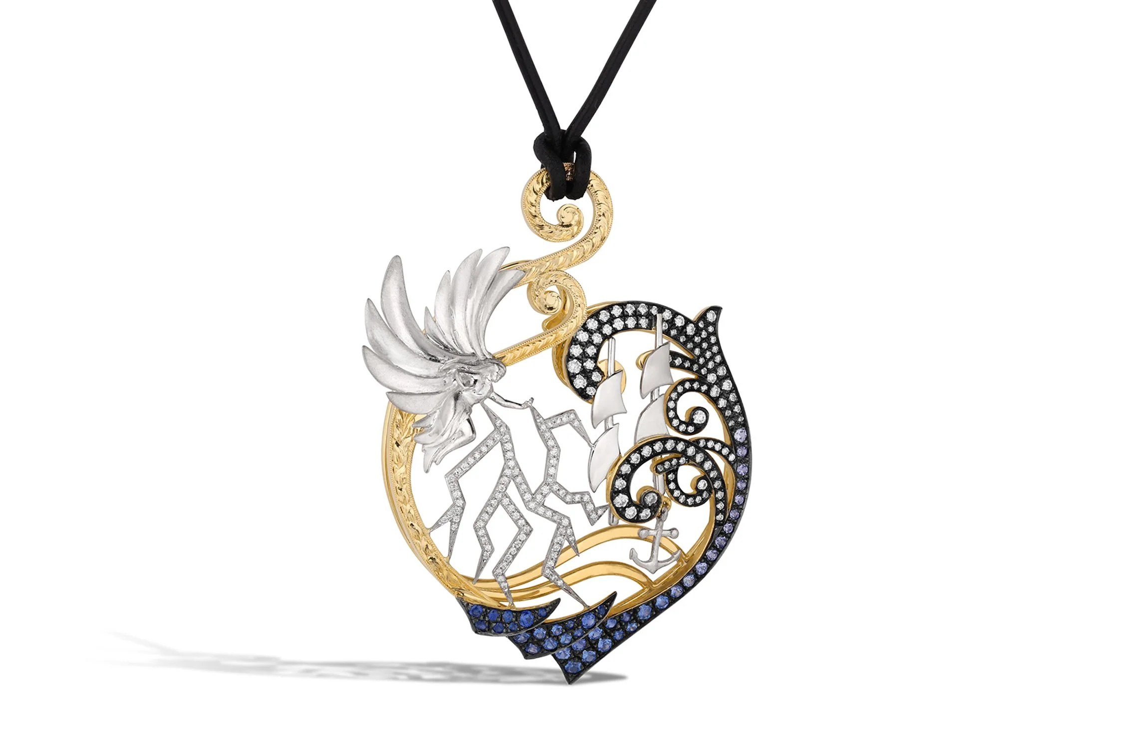 A detailed gold and silver pendant necklace featuring an intricate fish design decorated with gemstones, hanging from a black cord.