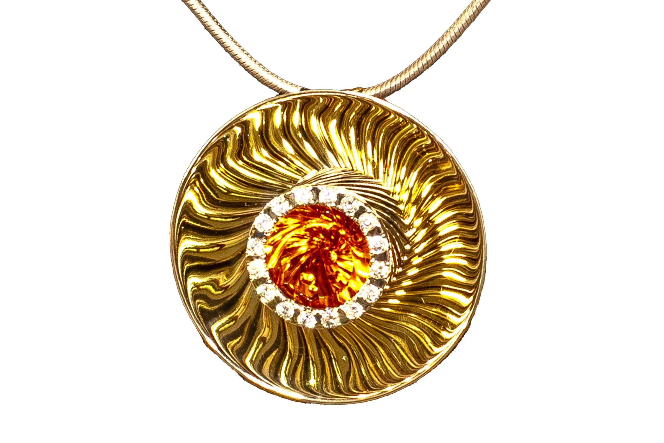 Gold pendant with a spiral design and a central amber-colored gemstone surrounded by diamonds, hanging on a gold chain.