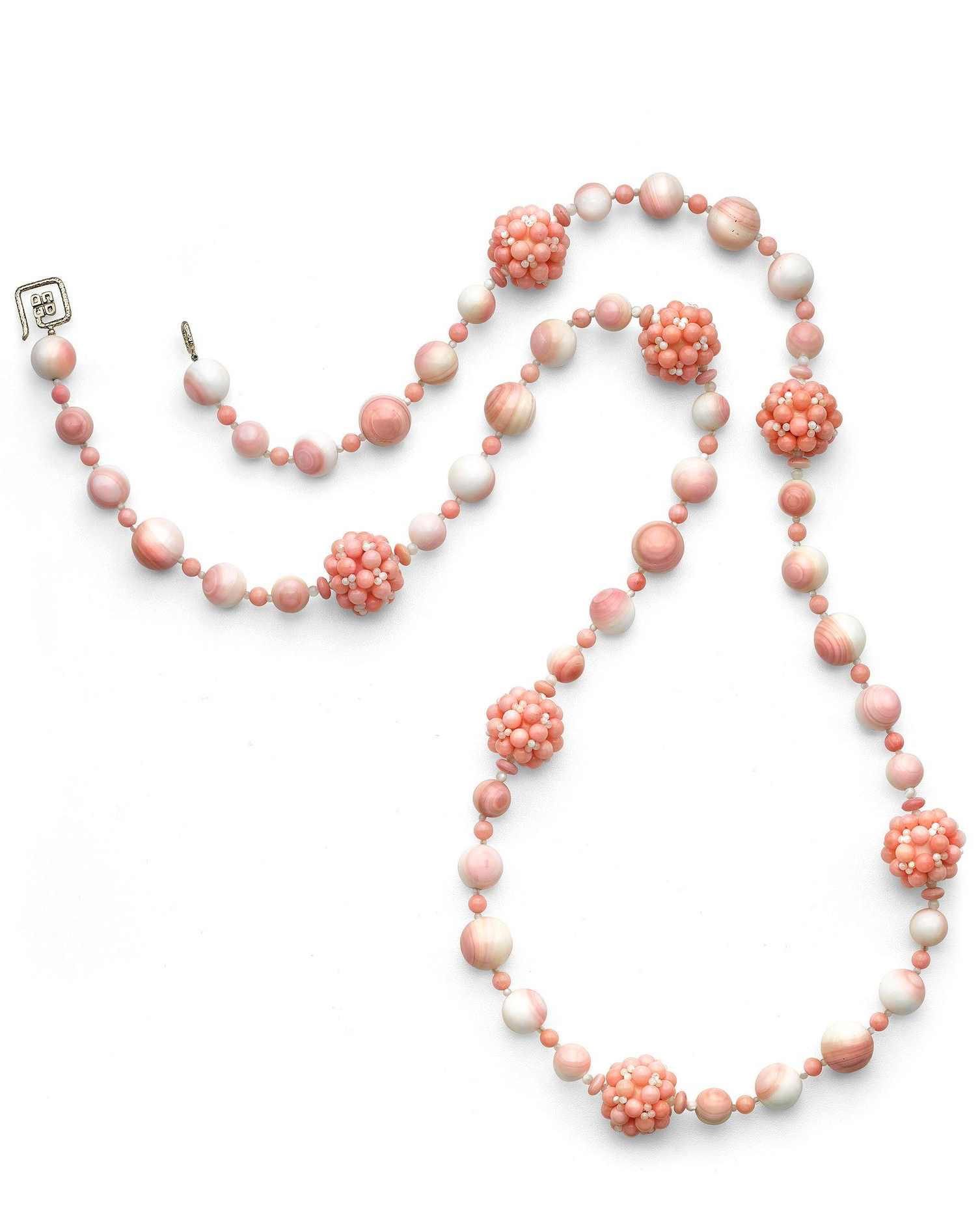 Pink and white beaded jewelry set including a necklace and earrings with round beads and floral clusters.