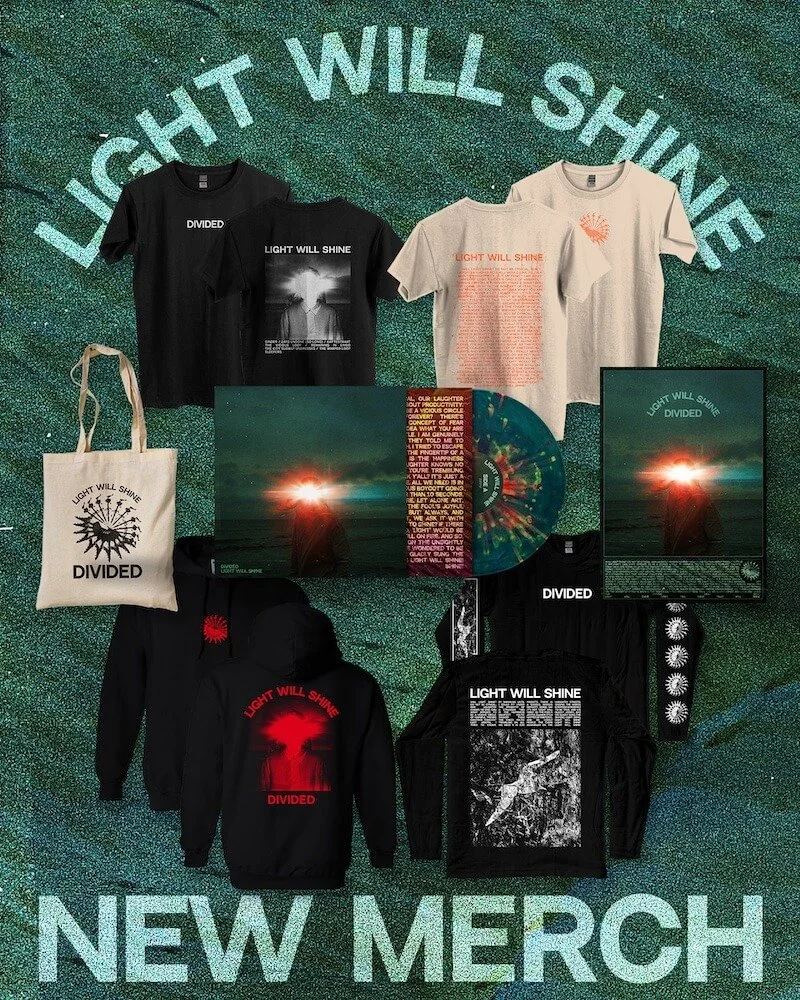 Divided Merch - A collection of clothing and merchandise for the band Divided, including t-shirts, hoodies, a tote bag, and vinyl records, displayed on a green glittery background with the phrases "LIGHT WILL SHINE" and "NEW MERCH".