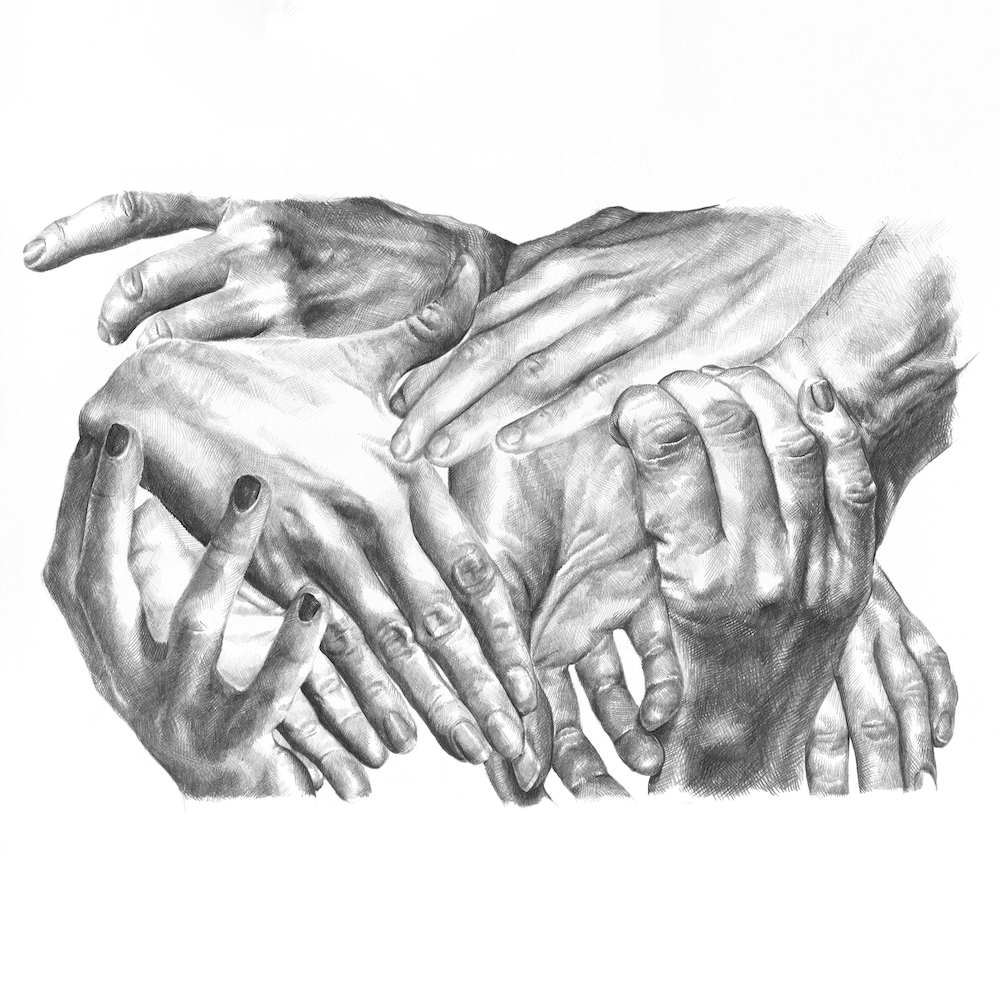Divided - EP Riser, Drawing of multiple hands grasping and holding each other.