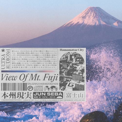 A view of Mount Fuji with a emphasis on its snow-capped peak, alongside a ticket or brochure with Japanese text and an aerial photo of Hamamatsu City.