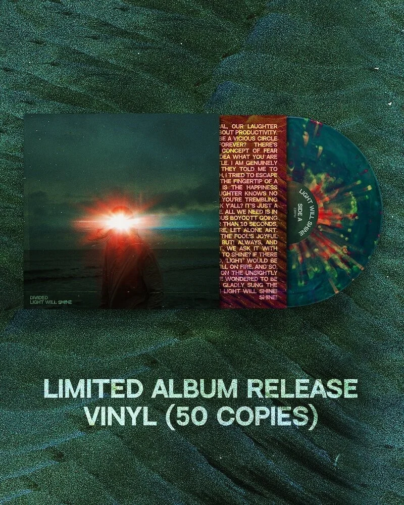 A promotional display for a limited edition vinyl album with 50 copies, featuring the album cover, a CD, and an informational card with lyrics, set against a dark, textured, greenish background.