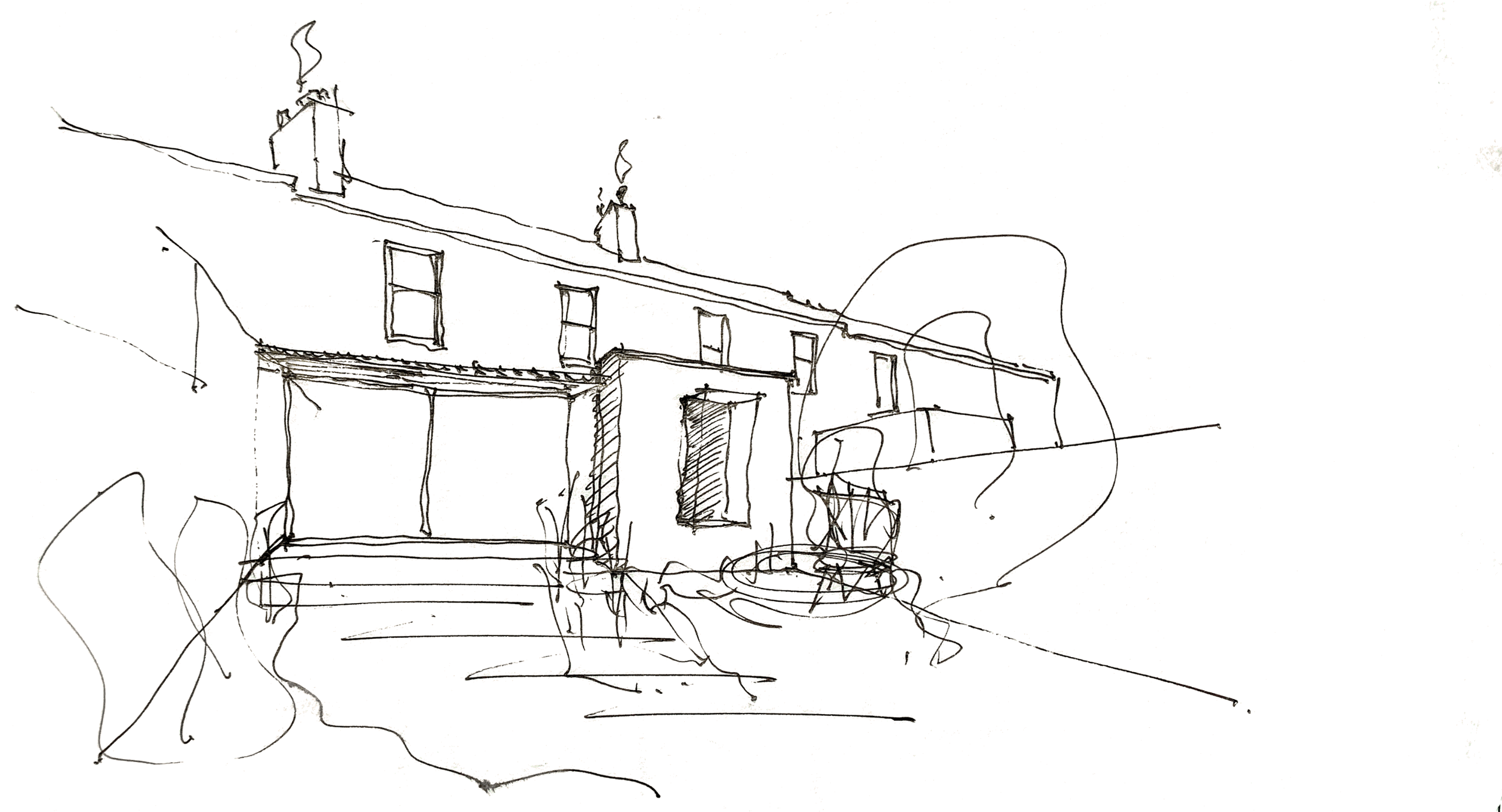 A sketch of a two-story house with a sloped roof, chimney, windows, front steps, and a small circular porch area.