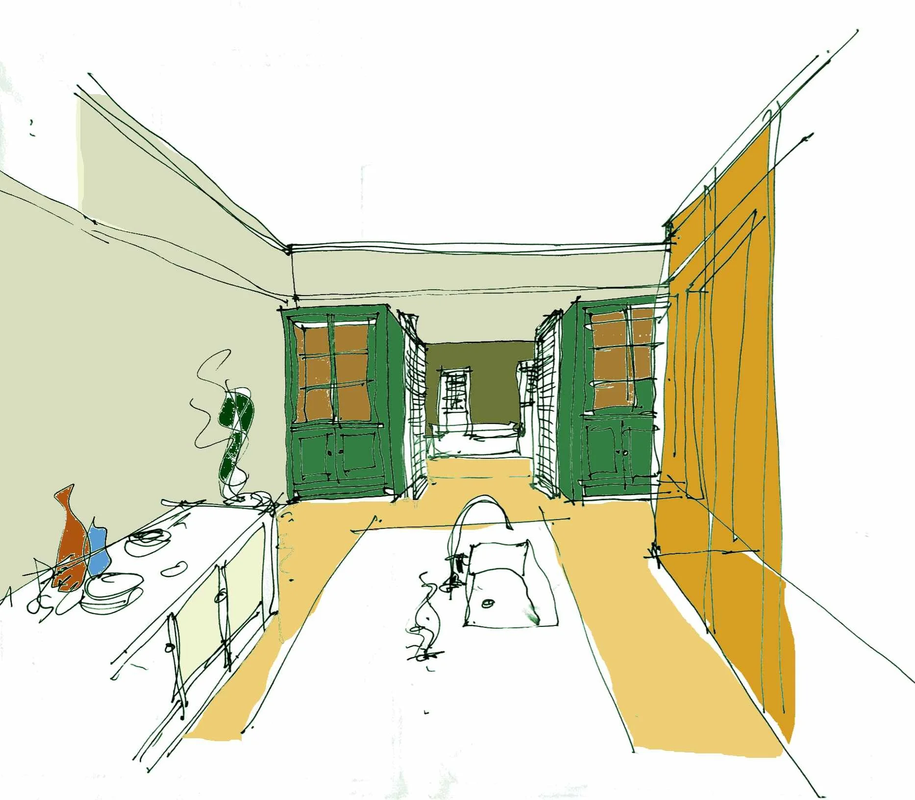 A conceptual sketch of a living room showing green cabinets, a door, a sideboard with vases, a patterned rug, and a sitting area with art on the walls.