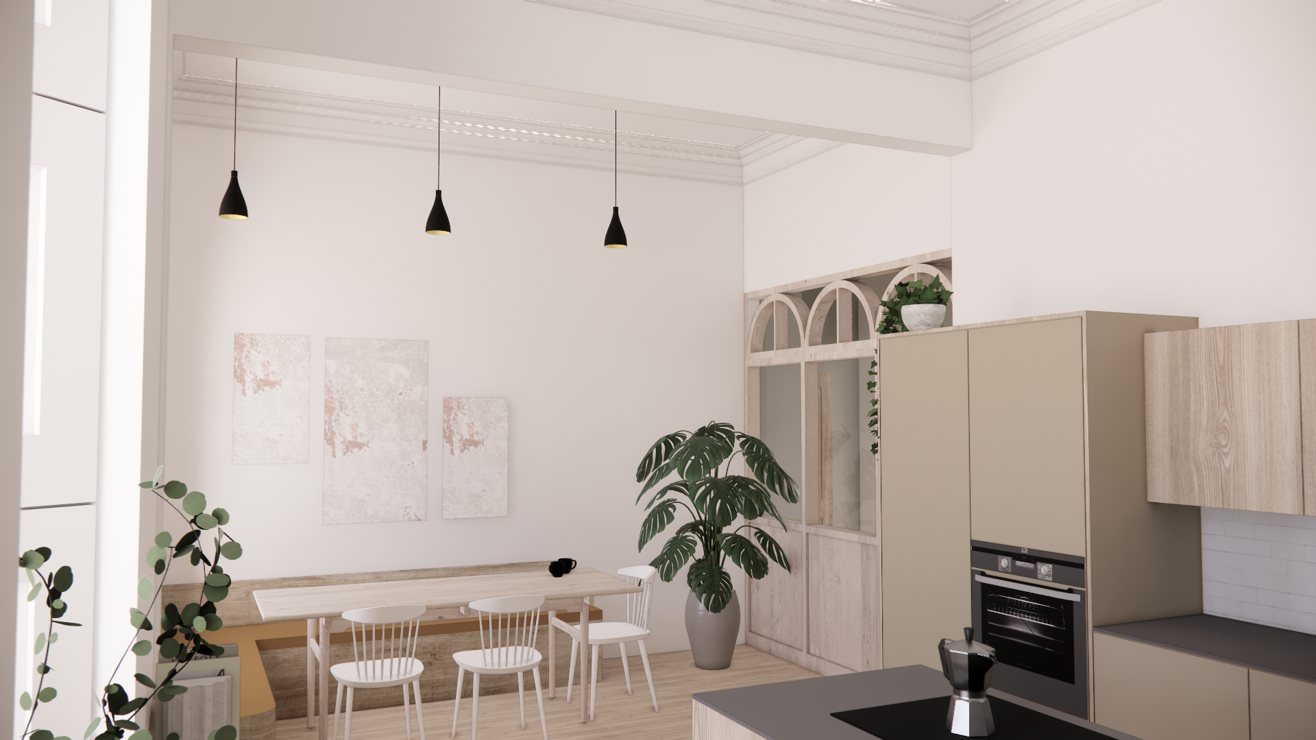 Modern kitchen and dining area with white walls, hanging black pendant lights, a wooden dining table with white chairs, green plants, and beige cabinetry with built-in oven.