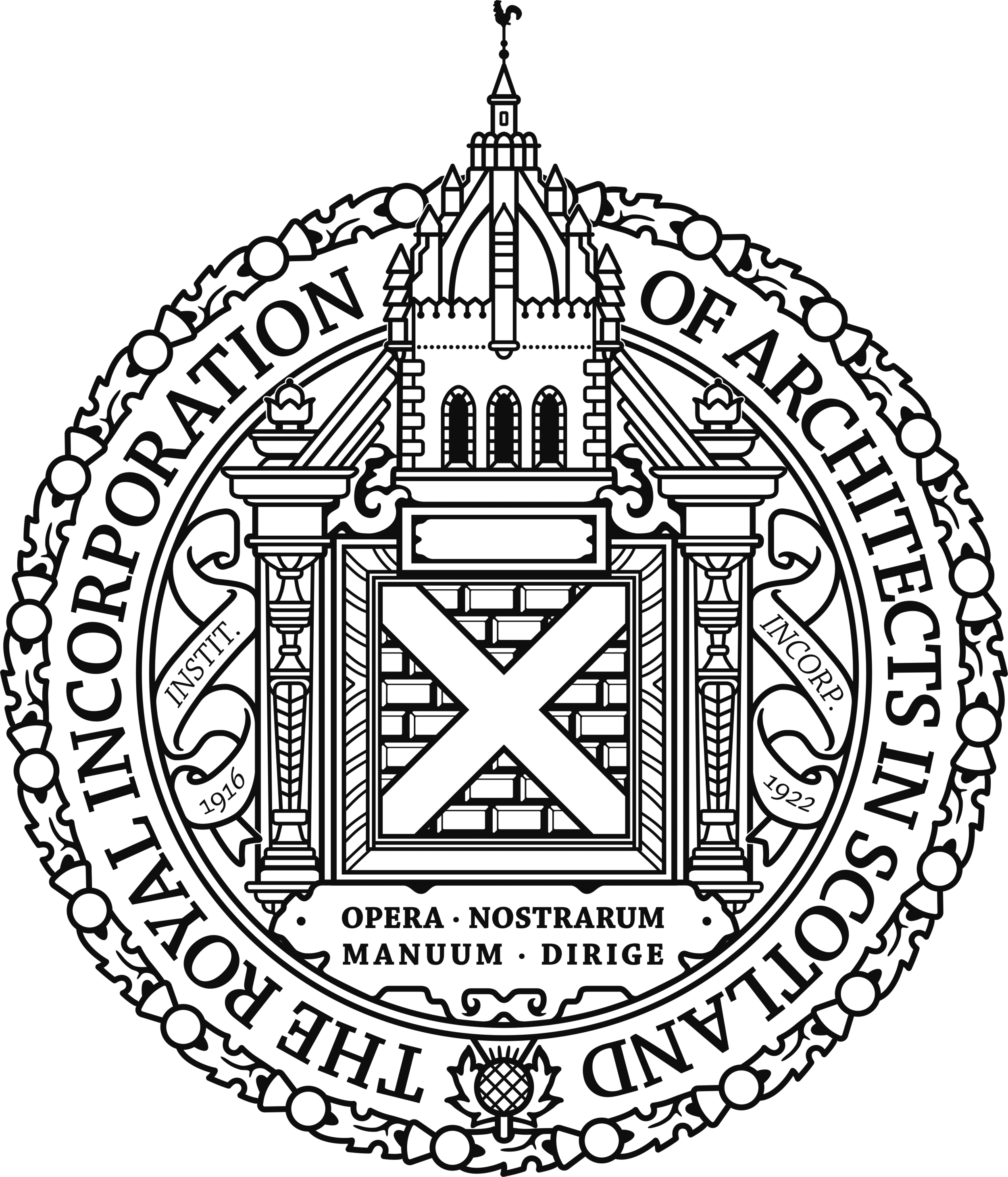 Seal of the RIAS, featuring a tower and shield with a Latin motto.