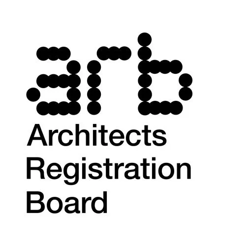 Logo for the Architects Registration Board with the initials 'arb' in stylized black dots and the full name written below.