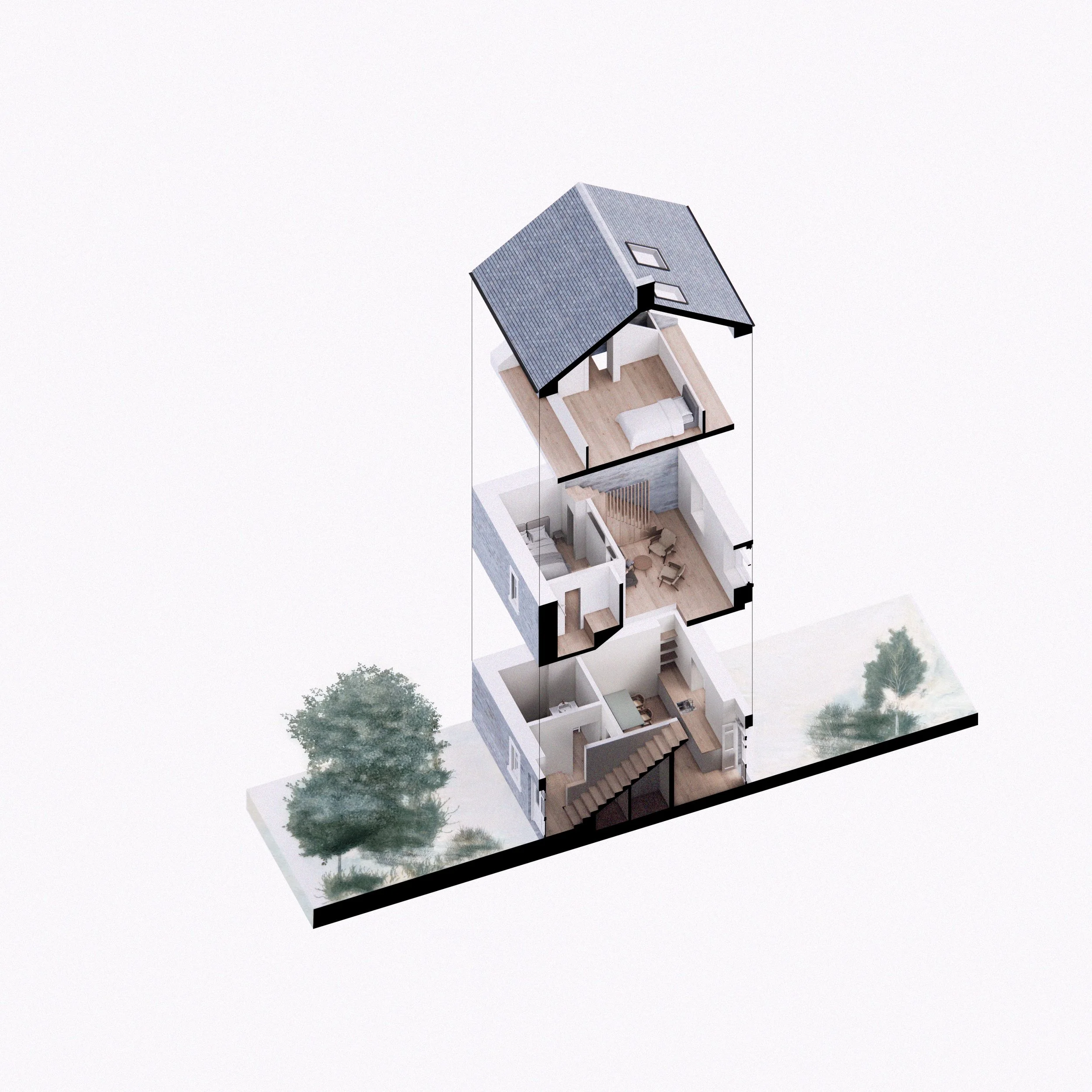 A three-story house with interior rooms and a roof, displayed as a cutaway view showing bedrooms, living areas, and staircase.