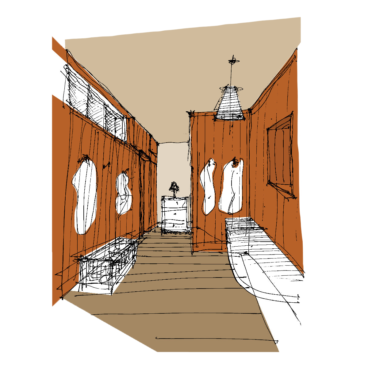Sketch of a bathroom interior with brown wooden wall paneling, a bathtub on the right, hanging mirrors, and a small cabinet with a lamp on top at the back.