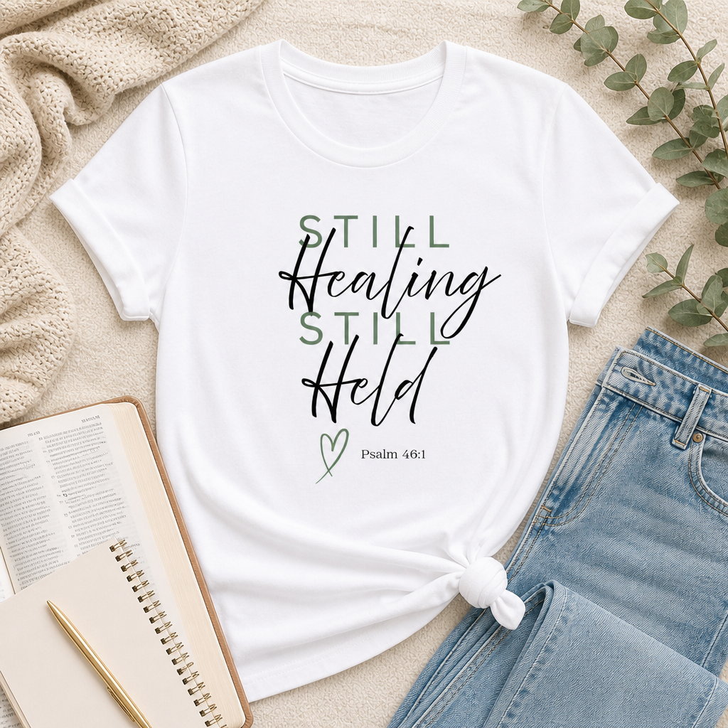 Inspirational 'Still Healing, Still Held' Graphic Tee
