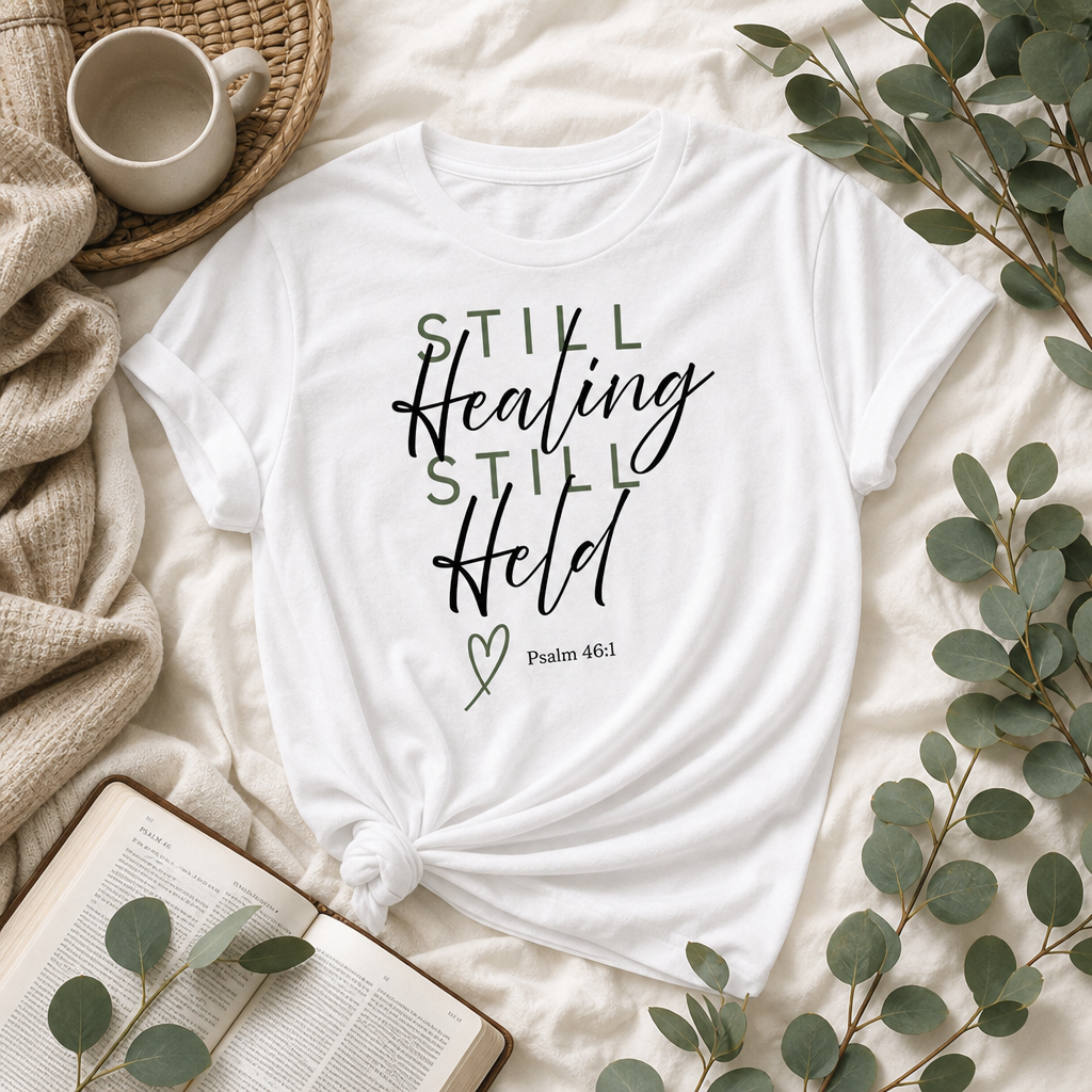Inspirational 'Still Healing, Still Held' Graphic Tee