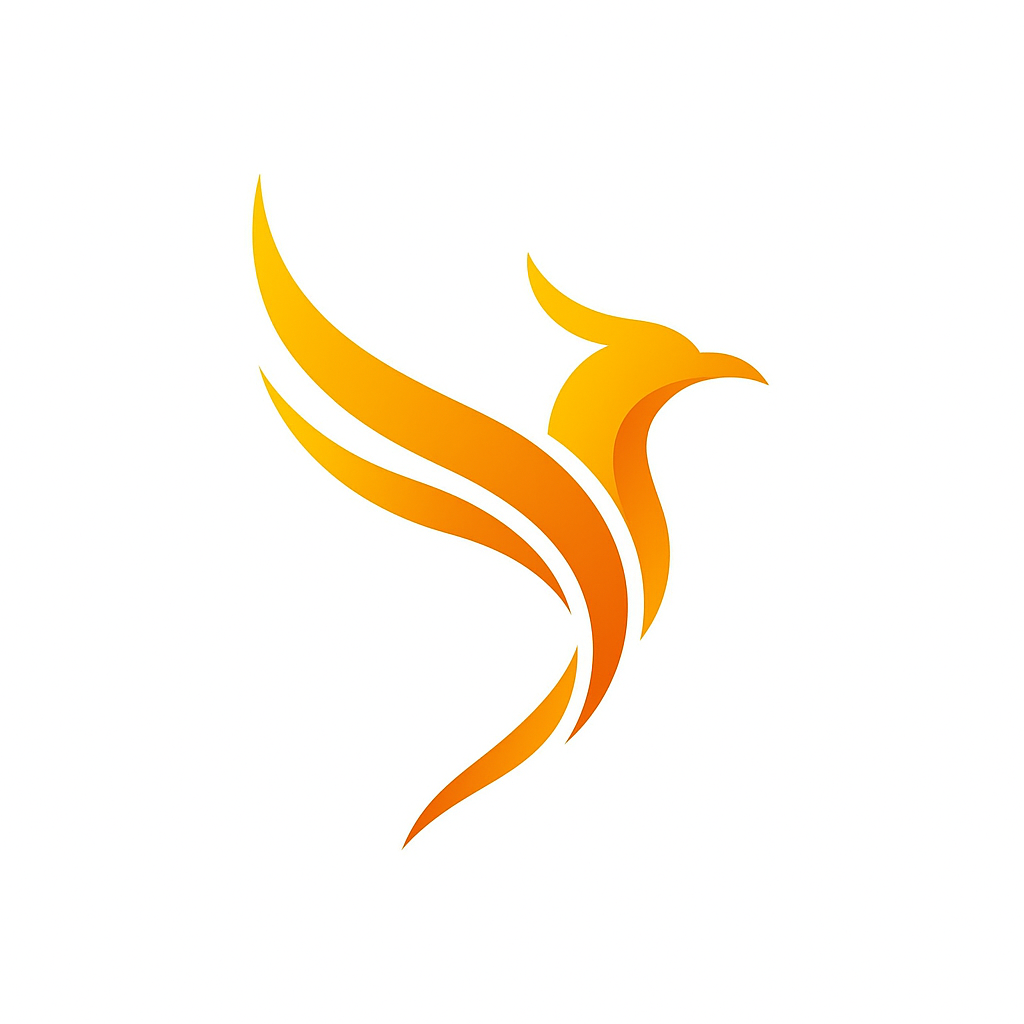 Ein stilisierter, orangefarbener Phönix mit Flammen-Design auf weißem Hintergrund.