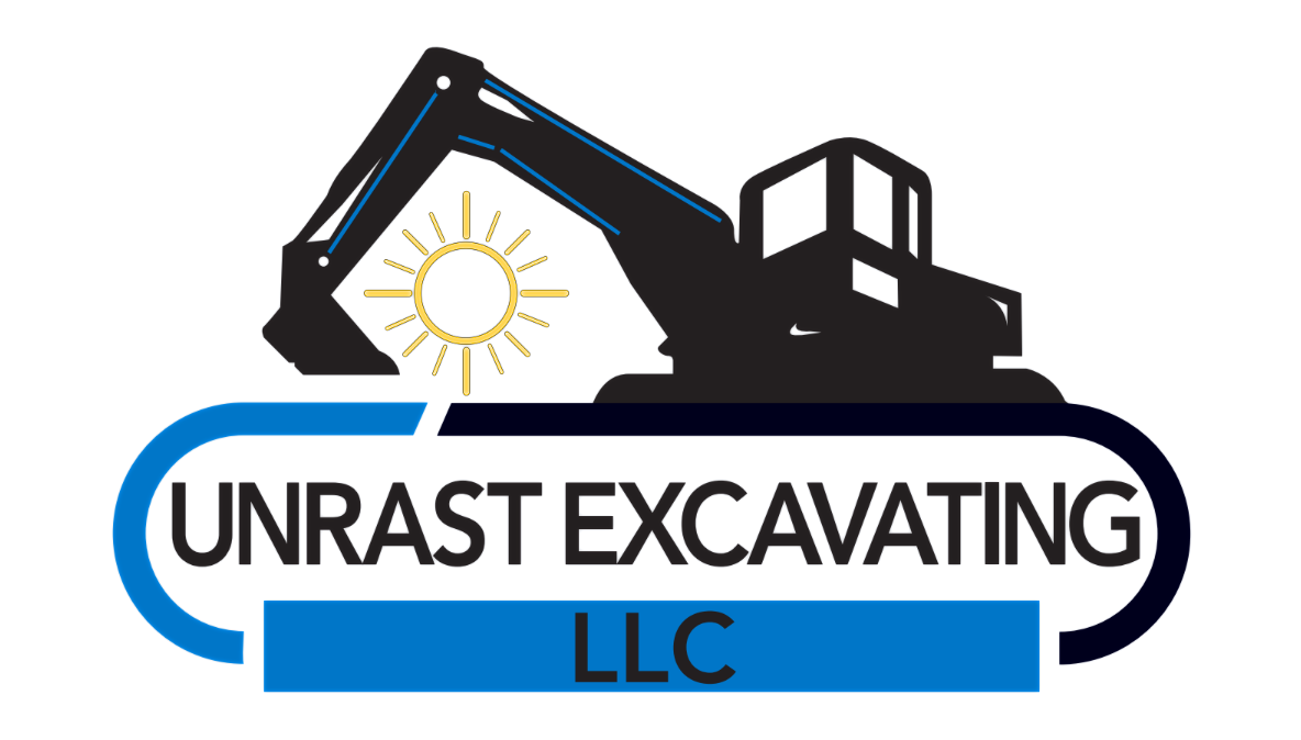 Logo of Unrast Excavating LLC featuring a black excavator and a yellow sun symbol.