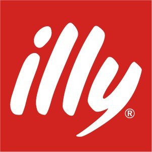 Das Bild zeigt das Logo von illy, einer Kaffeemarke, auf rotem Hintergrund.
