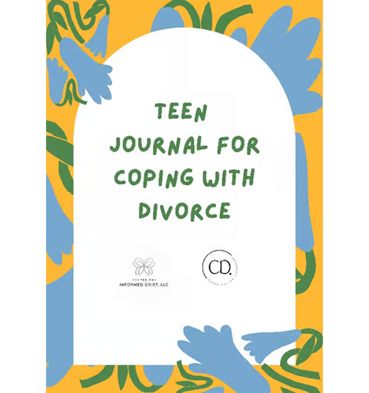 Cover of a book titled 'Teen Journal for Coping with Divorce' with a yellow background and blue and green floral illustrations.