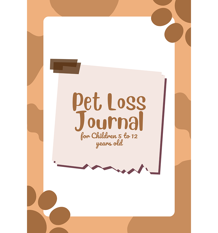 A pet loss journal for children ages 5 to 12, featuring a cover with a torn paper design and brown paw print motifs.