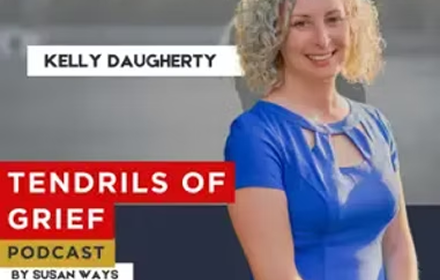Cover image for the podcast 'Tendrils of Grief' featuring Kelly Daugherty, smiling woman with curly blonde hair wearing a blue top.