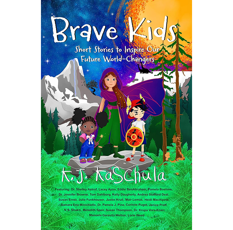 Cover of a children's book titled 'Brave Kids: Short Stories to Inspire Our Future World-Changers' featuring three diverse children dressed as explorers or warriors, standing on a rocky landscape with a snowy mountain, pine trees, a sunset, and a black cat in the background.