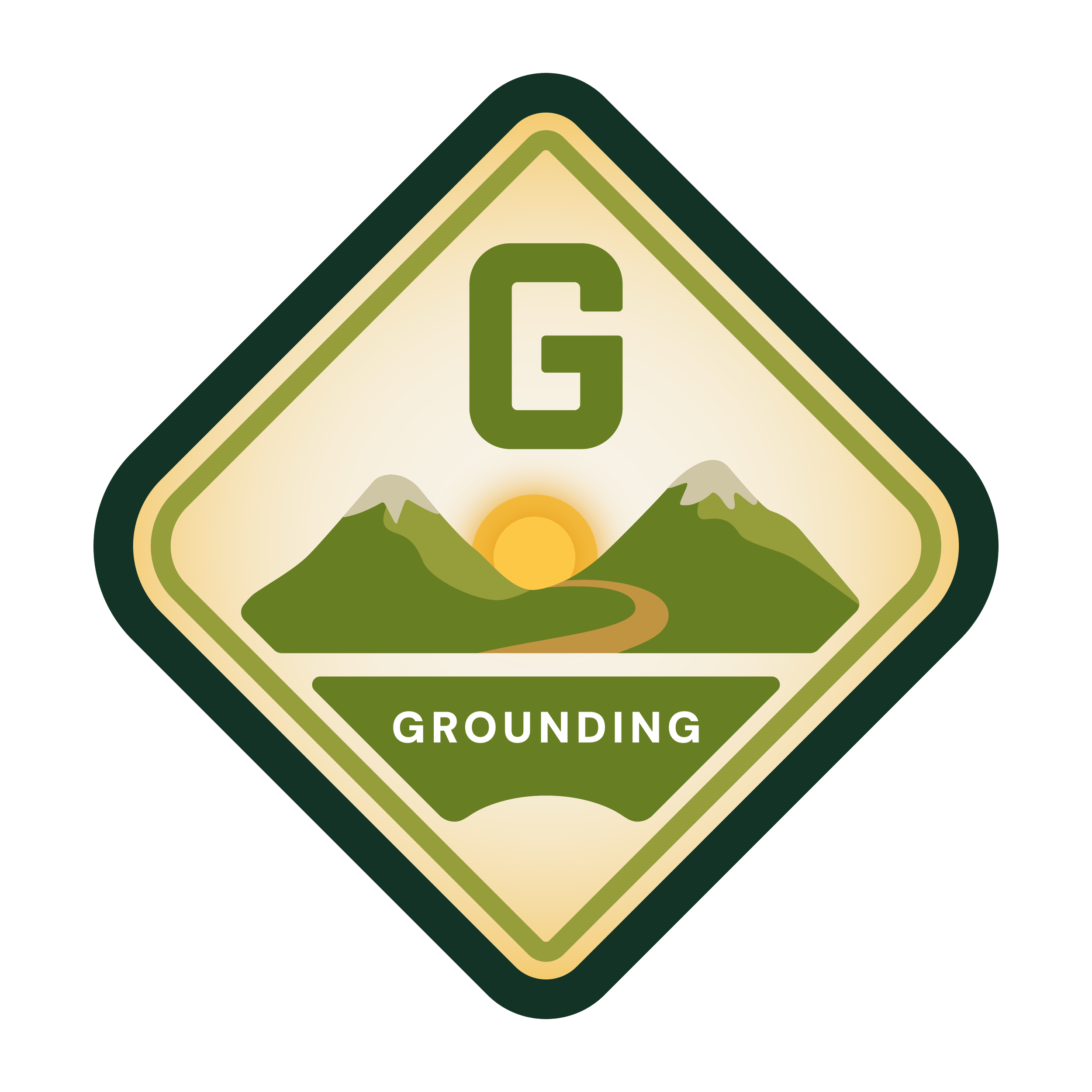 Outdoor-themed patch with mountains, a path, a sun, the letter G, and the word GROUNDING.