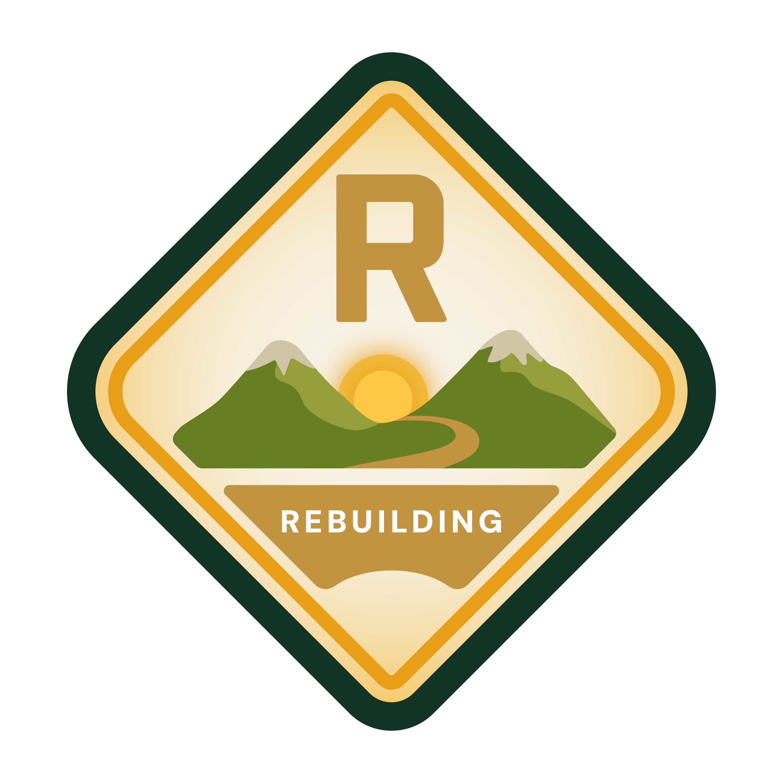 A badge with mountains, a sun, and a winding path, featuring the text 'R' at the top and 'REBUILDING' at the bottom.