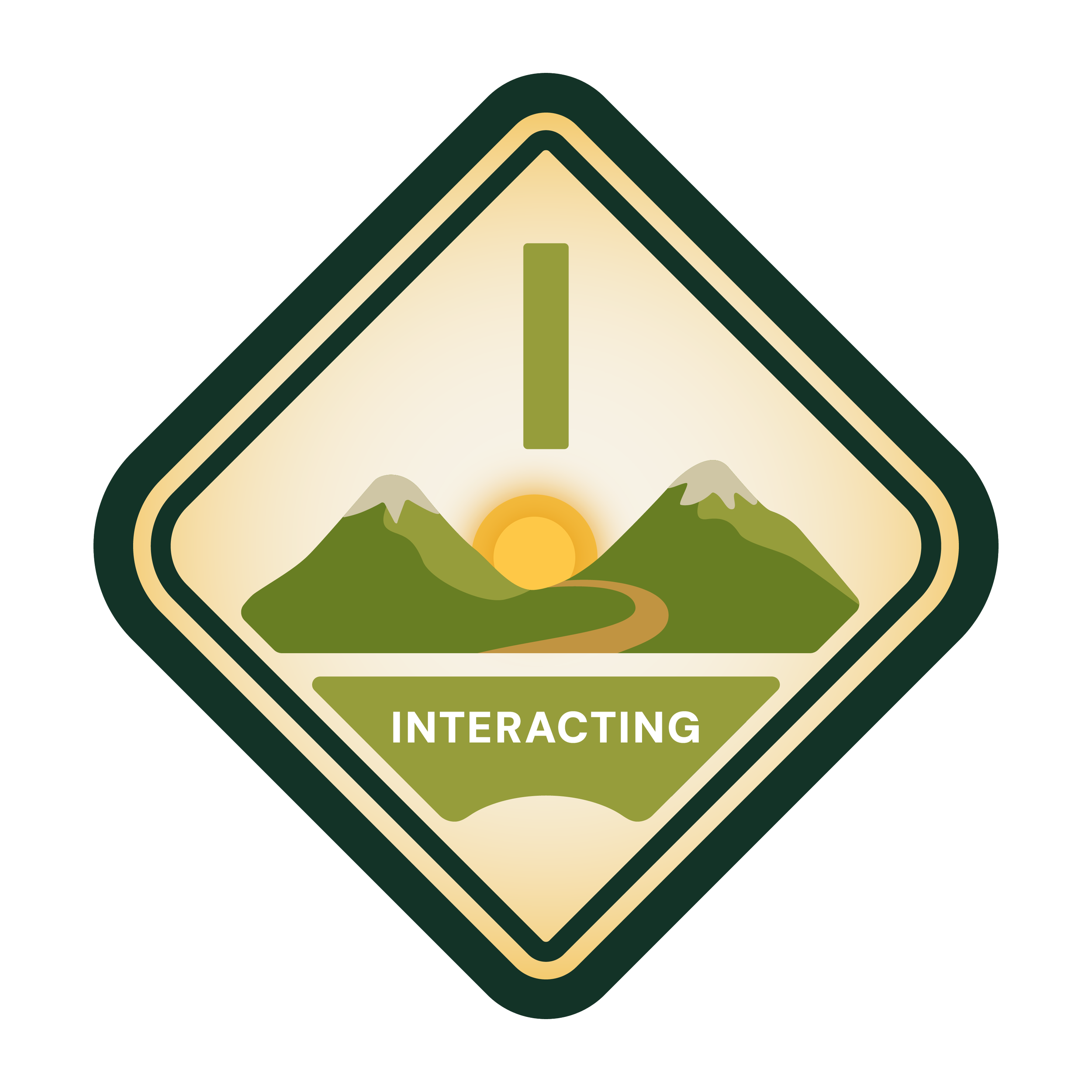 A diamond-shaped badge with mountains, a setting sun, and a winding path, with the word 'INTERACTING' at the bottom.