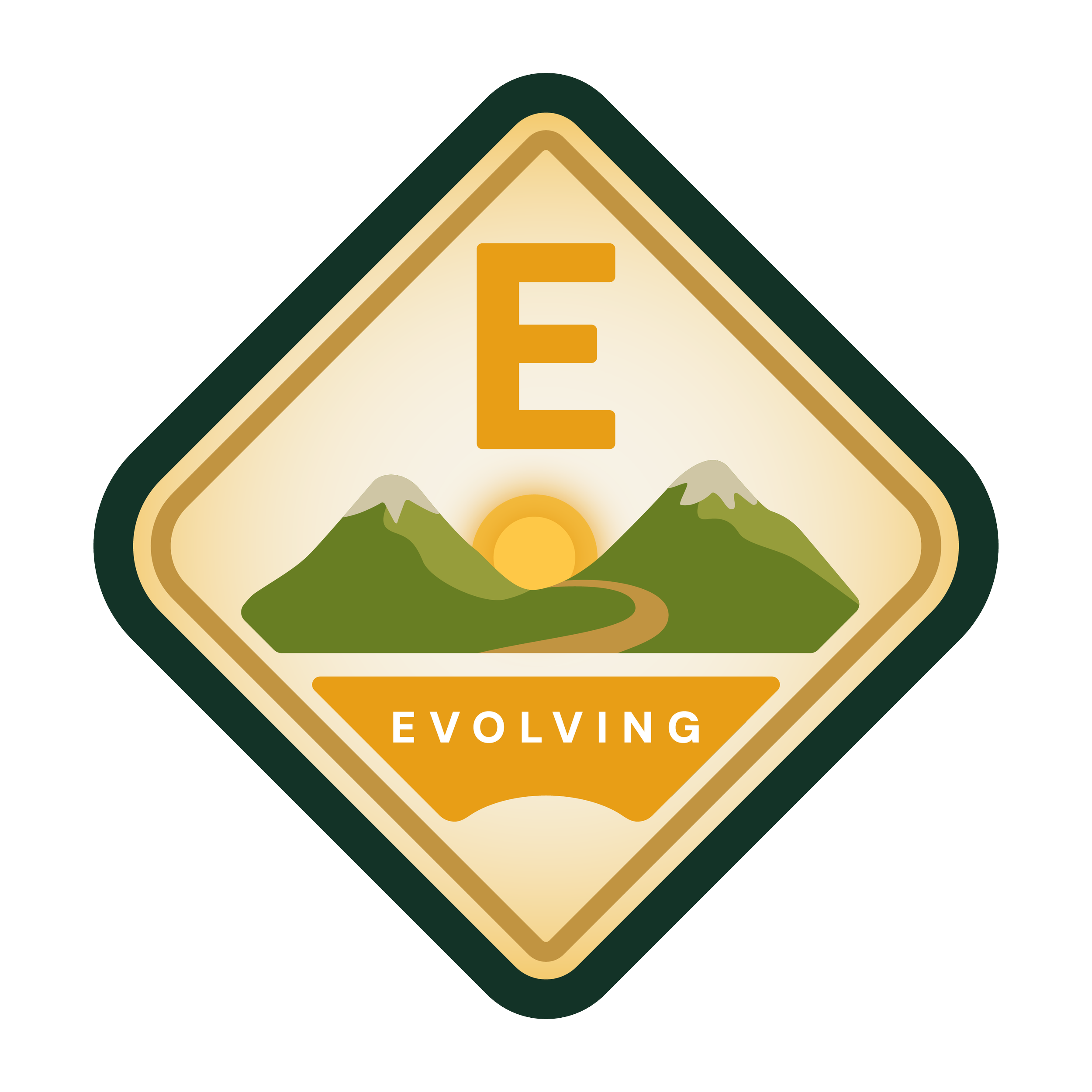 A diamond-shaped emblem with a mountain landscape, a rising or setting sun, and the letter E above the word 'Evolving.'
