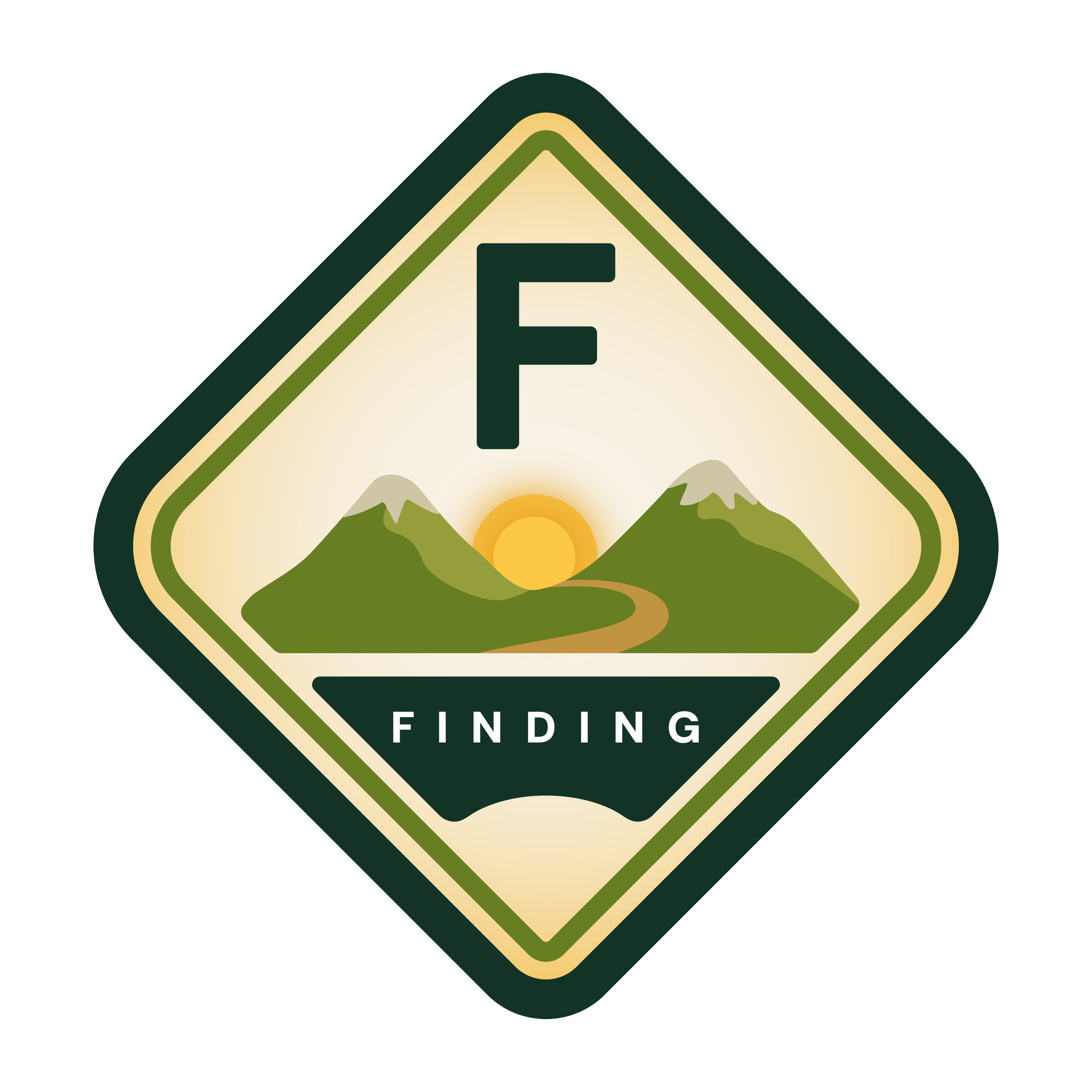 Logo with stylized mountains, a winding path, a setting sun, and the words 'FINDING' at the bottom.