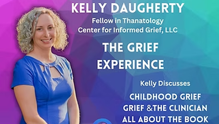 Event poster featuring Kelly Daugherty, a Fellow in Thanatology at Center for Informed Grief, LLC, promoting her book about childhood grief and the grief experience, with a portrait of Kelly in a blue top on a colorful background.