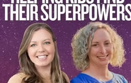 Two women smiling in front of purple background with white text.