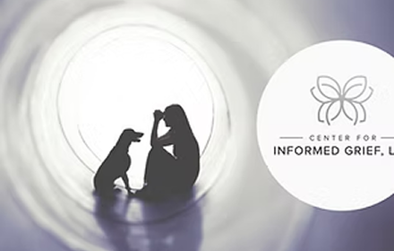 Silhouette of a woman and a dog inside a circular tunnel, with a logo for Center for Informed Grief, LLC on the right side.