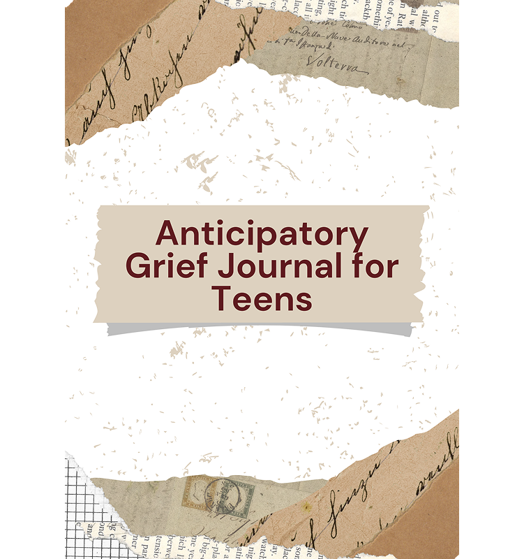 Cover of a journal titled "Anticipatory Grief Journal for Teens" with assorted torn paper and handwritten text in the background.
