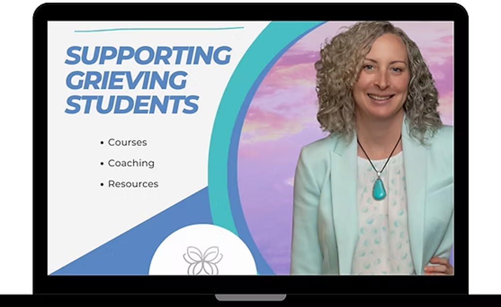 Digital presentation slide with the title 'Supporting Grieving Students', featuring a smiling woman with curly blonde hair wearing a light-colored blazer and necklace with a turquoise pendant, set against a background with a sunrise or sunset sky.