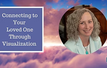 Background of pink and purple clouds with a blue box containing white text about visualization and a circular portrait of a woman with curly gray hair.