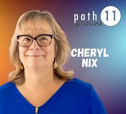 Portrait of Cheryl Nix wearing glasses and a blue top, smiling against a purple background with podcast branding.