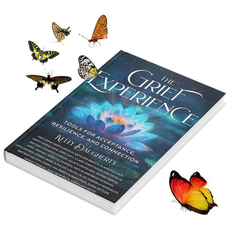 A book titled 'The Grief Experience' is surrounded by five colorful butterflies, with one butterfly resting on the book's cover and another near the last page.