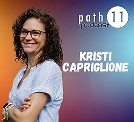 Podcast cover featuring Kristi Capriglione with curly hair, glasses, and a white shirt, smiling against a colorful background.