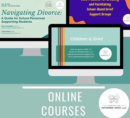 Screenshot of online courses on grief support and navigating divorce, featuring multiple course titles and a logo for Center for Informed Grief, LLC.