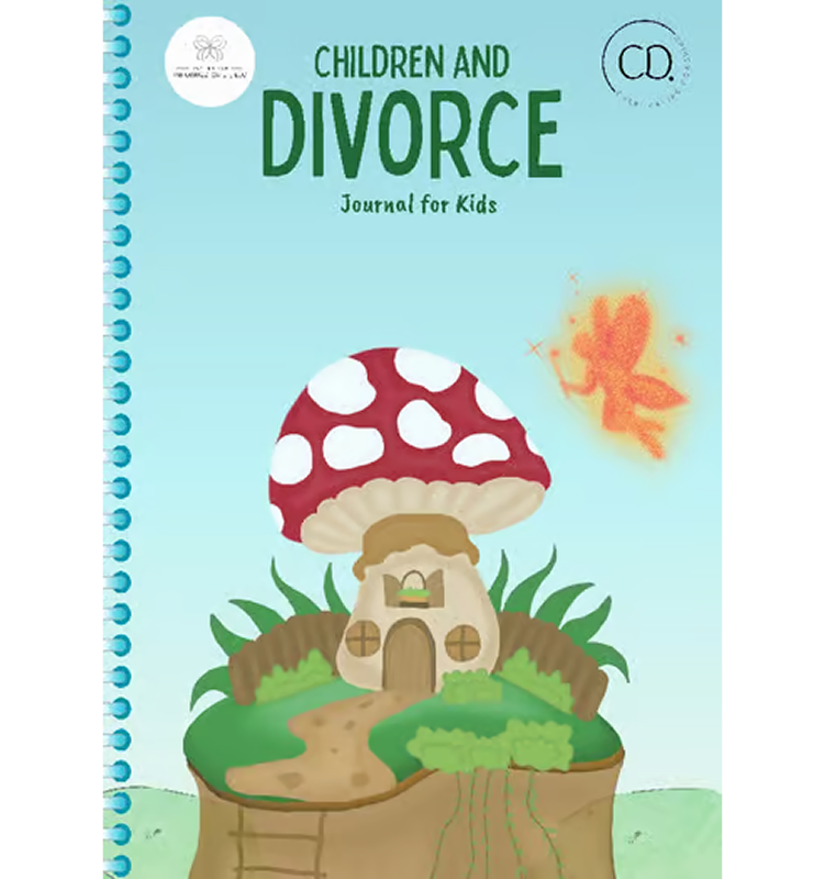 Book cover titled 'Children and Divorce Journal for Kids' with a whimsical illustration of a house shaped like a mushroom, surrounded by greenery and a dirt path, with an orange fairy in the background.