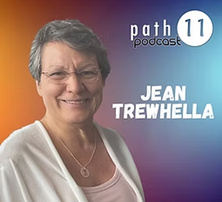 Podcast cover featuring Jean Trewhella with rainbow background and text indicating 'Path 11 Podcast'.