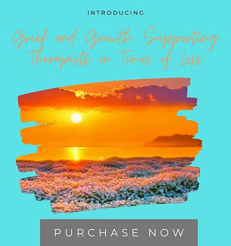 Promotional image featuring a sunset over a pink flower field with text about grief therapy, and a call to action to purchase.