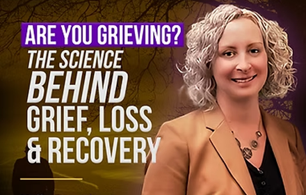 Woman with curly gray hair smiling, promotional banner with purple, white, and gold text about the science behind grief, loss, and recovery