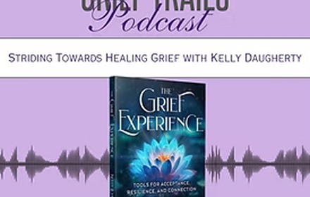 Book cover titled "The Grief Experience" by Kelly Daugherty with a lotus flower on the cover, set against a blue background.