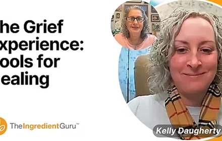 A presentation slide with the title 'The Grief Experience: Tools for Healing' and images of two women, one with curly gray hair and the other with glasses and short hair, smiling at the camera.