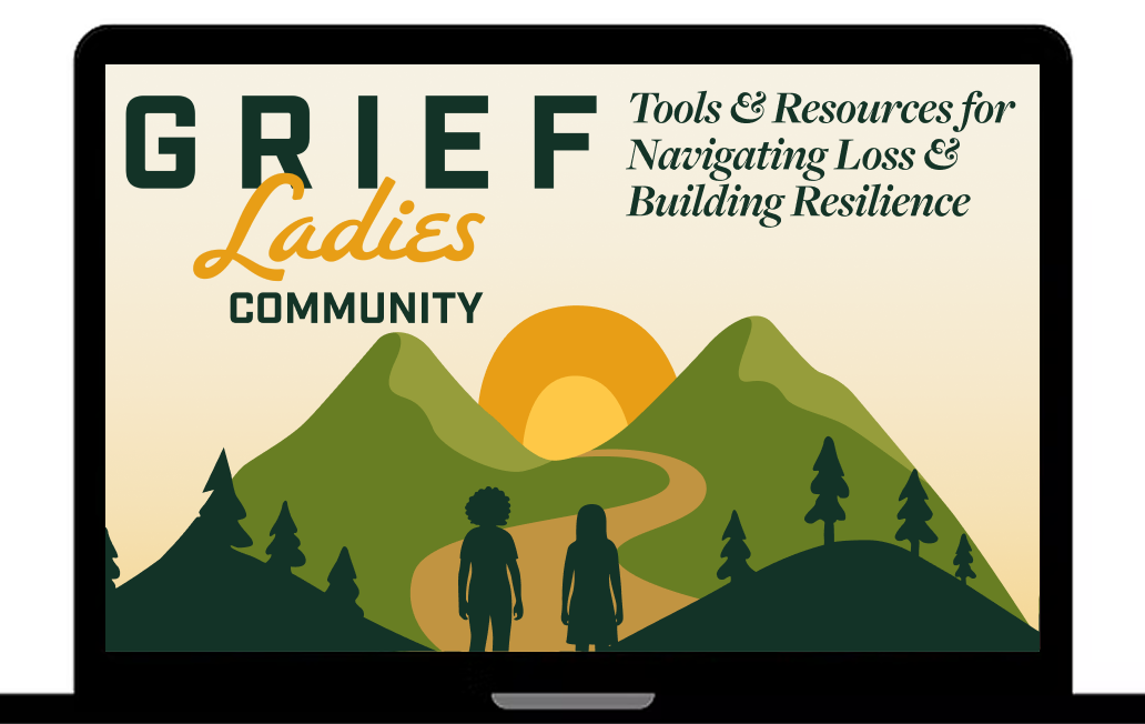 A graphic on a computer screen promoting grief resources for women, featuring a sunset over mountains, trees, and two women walking on a trail.
