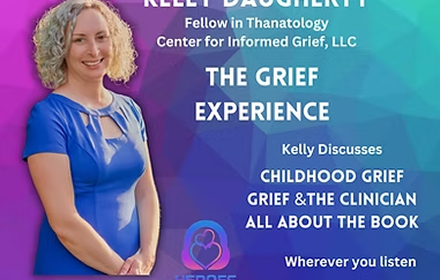 Book cover for 'The Grief Experience' by Kelly Daughety, featuring a smiling woman in a blue dress against a purple and teal background, with text about childhood grief and the author.