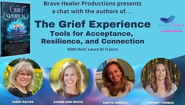 Promotional banner for a chat event titled 'The Grief Experience: Tools for Acceptance, Resilience, and Connection,' hosted by Laura Di Franco, featuring photos of four women: Cheri Davies, Karen Ann White, Karyn Arnold, and Tiffany Thomas, and promotional image for 'Grief Experience' book and 'Small Larks' logo.