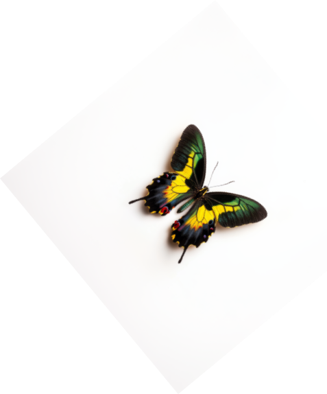 Colorful butterfly with black, yellow, green, and red markings on white background.