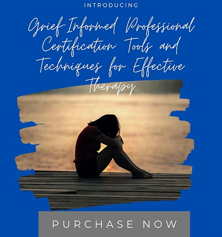 A promotional image for grief therapy certification tools, showing a woman sitting on a dock by the water during sunset, with text overlay about professional certification tools.